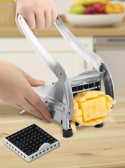 French fry cutter, stainless steel with 2 blades for slicing potatoes into fries.