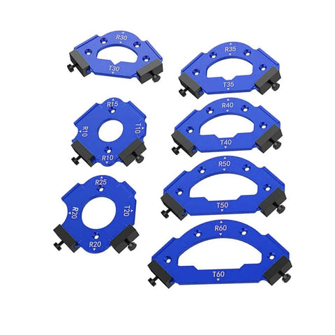Precision Round Corner Radius Template And Woodworking Router Jig set of blue acrylic jigs for smooth, uniform curved cuts