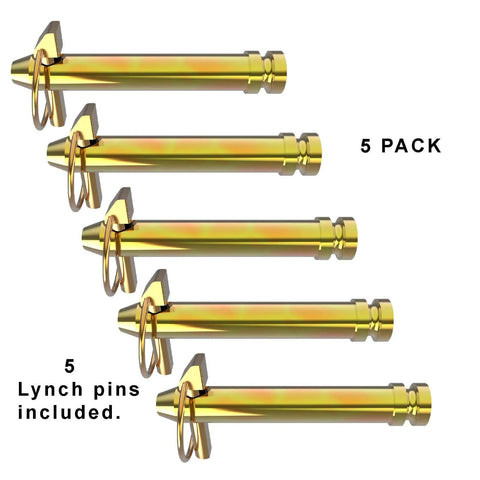 Three Point Tractor Hitch Pins Built Tough for the Farm Heavy Duty Mild Steel Four Inch Usable Length Five and a Half Inch Overall Length Three Quarter Inch Diameter Includes Lynch Pin For Category One Tractors Five Pack shown in a 5 pack with lynch pins included.