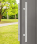 Double Sided 23.43 Inch Stainless Steel Barn Door Handle Bar Pull For Sliding Glass Shower And Entry Doors With A Grippy Ergonomic Back To Back Grip And Simple Push Pull Action For High Traffic Spaces on gray door