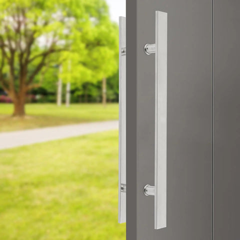 Double Sided 23.43 Inch Stainless Steel Barn Door Handle Bar Pull For Sliding Glass Shower And Entry Doors With A Grippy Ergonomic Back To Back Grip And Simple Push Pull Action For High Traffic Spaces on gray door