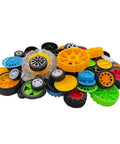 56 Piece Toy Wheel Set With Shafts For DIY Model Cars Trucks And Robots, various colored plastic rubber wheels in a pile