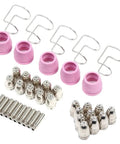 Get Prime Cuts With These 30Pcs Plasma Cutter Consumables Set Featuring Durable Ag-60 Torch Head Tips And Electrodes For 0 To 60A Machines including pink ceramic caps and silver electrodes.