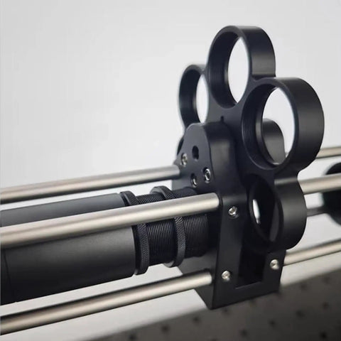 Coaxial 6-Position Filter Wheel With Cage Mount For Telescopes, showing mounting within a 30mm cage, supports dual filters.