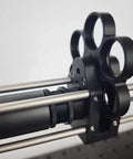Close-up of a six-position 1-inch filter wheel holder for optical viewing, attached to a 30mm cage system; durable aluminum alloy.