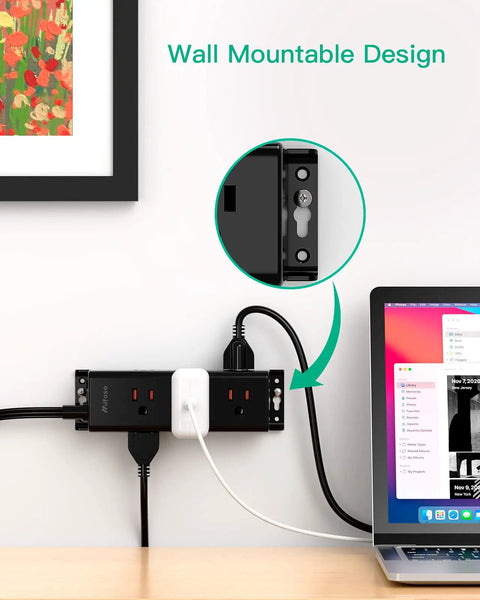 Nine Outlet Surge Protector Power Strip With Three Side Design Wall Mounted Demonstration with Laptop Connected
