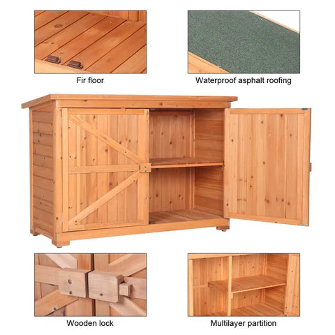 Outdoor Wooden Storage Shed With Extra Large Capacity Garden Tool Cabinet Weather Resistant Patio Organizer For Your Yard Gear And Lawn Equipment 50.4 In Long 19.7 In Wide 34.6 In High, featuring wooden lock, fir floor, waterproof asphalt roofing, and multilayer partition.