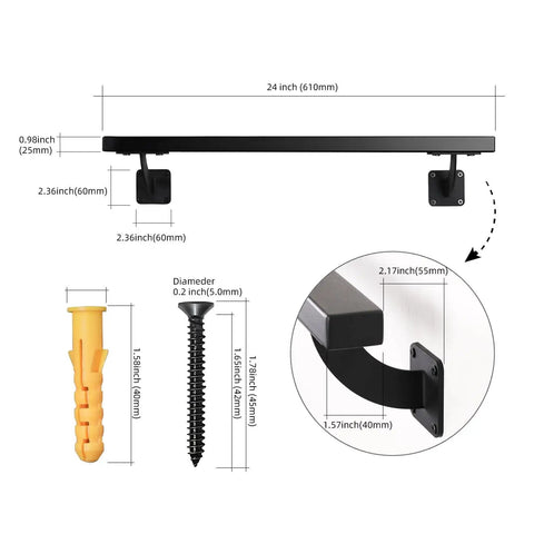 Heavy Duty 24 Inch Steel Stair Handrail Wall Mount Square Pipe Grab Bar for Indoor Outdoor Steps with measurements and screws.