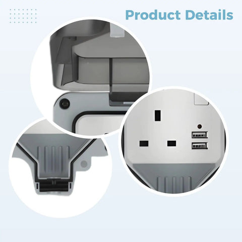 Heavy Duty Outdoor Electric Outlet With Dual Usb Ports And Rugged Flip Cover showing close-up of gray housing and USB ports.