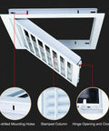 Top Notch Decorative Aluminum Air Vent Cover And Louvered Access Panel With Pre Filter Grille showing hinge opening and pre-drilled holes.