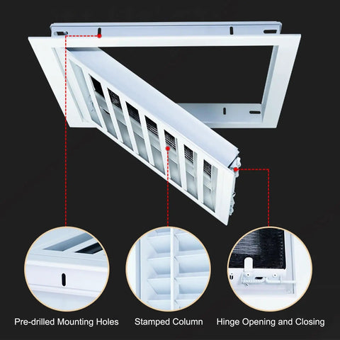 Top Notch Decorative Aluminum Air Vent Cover And Louvered Access Panel With Pre Filter Grille showing hinge opening and pre-drilled holes.