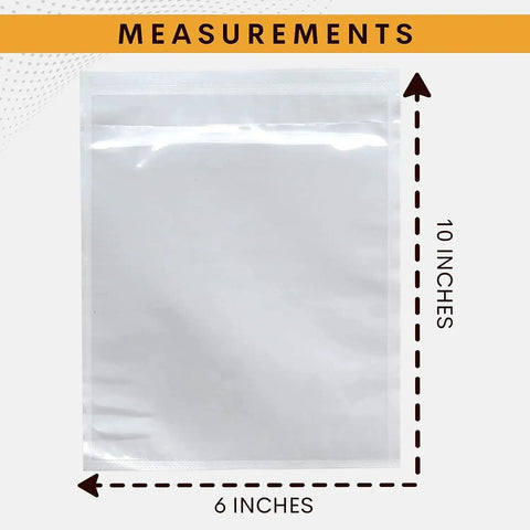 1000 Pack 6X10 Clear Shipping Label Sleeves With Heavy Duty Self Adhesive Backing For Waterproof Packing Slip Pouches showing measurements.