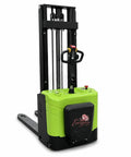 Heavy-Duty Electric Stand-On Pallet Stacker With Two-Stage Mast And 1.5-Ton Capacity showing green battery powered unit.