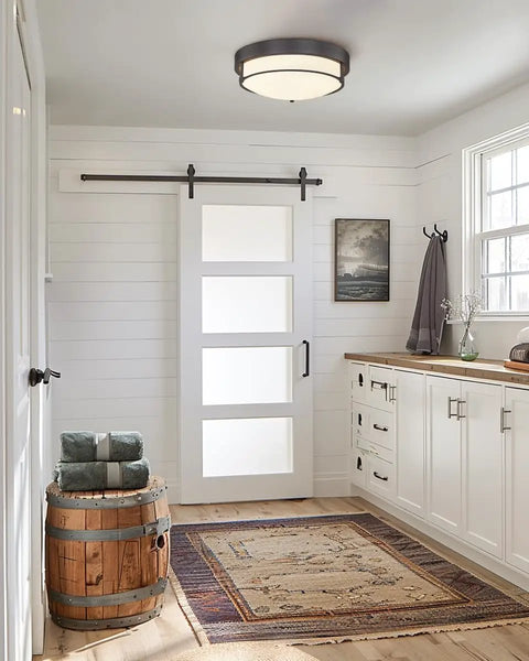 Room with 12 Inch Flush Mount Ceiling Light, 2 Light Close-To-Ceiling Fixture In Oil Rubbed Bronze Finish With Frosted Glass, Low Key Glow.