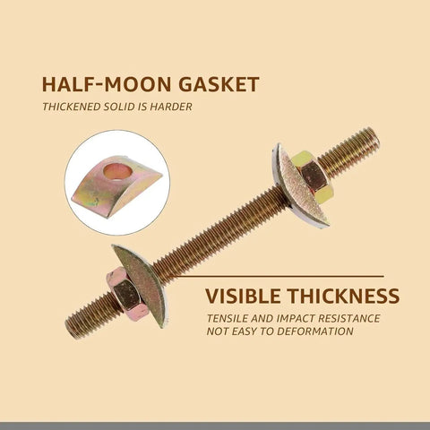 Rock Solid Hold Alloy Steel Miter Bolts For Butcher Block Furniture And Wooden Tables, 5/16 Inch By 3-1/2 Inch half-moon gasket and bolt detail.