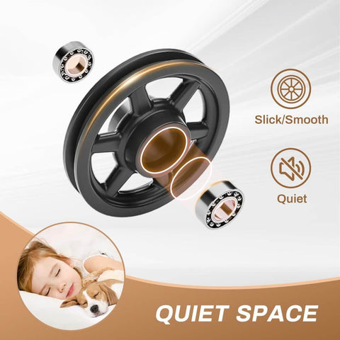 Close-up of big wheel roller from Beefed-Up Sliding Barn Door Hardware Kit 84 Inch Seven Foot Track System, black powder coated.