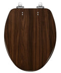 Elongated walnut wood wood grains pictures Toilet Seat top view with shiny chrome hinges and rich wood finish.
