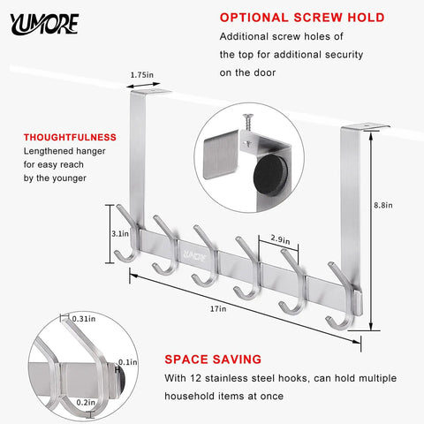 Diagram of Over The Door Hooks Stainless Steel Heavy Duty Door Hanger with 12 hooks, showing dimensions and optional screw hold.