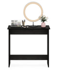 Front view of compact study desk with 31.3 inch wide tabletop for homework, work, and light gaming, espresso finish, soft edges