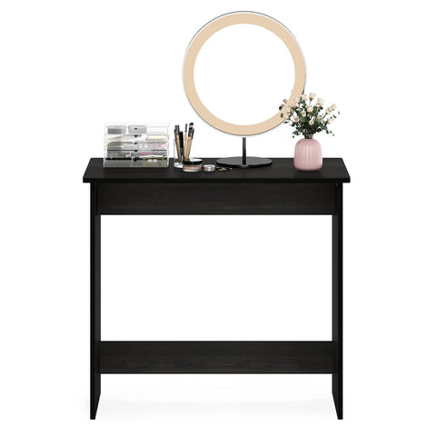 Front view of compact study desk with 31.3 inch wide tabletop for homework, work, and light gaming, espresso finish, soft edges