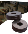 Pro Grade Knurling Tool Wheel Set with Diagonal, Pivot Head for lathe use, showing steel knurling wheels in workshop setting