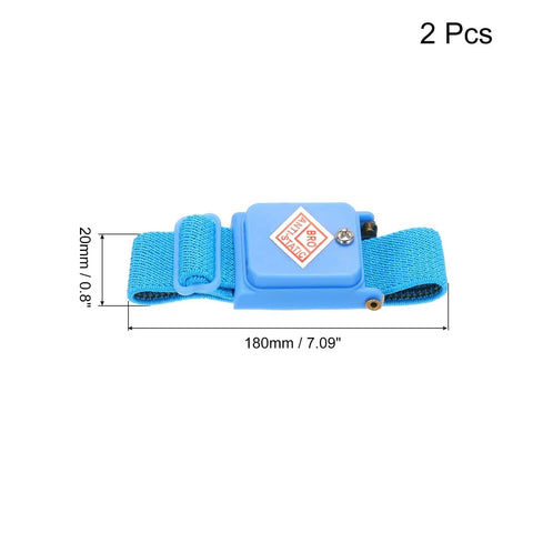 Two Pack Anti Static Wrist Strap ESD Antistatic Bracelet for Computer Electronics Repair, blue adjustable band, side view with dimensions