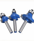 Grab This Awesome 3pc Wood Router Bit Set With 14 Inch Shank Trimming Cutter For Clean Engraving And Smooth Roundover Cuts On Your Next CNC Project Or Home Workshop Job, showing three blue router bits.