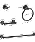 Matte Black Bathroom Accessories Set Kit With 2 24 Inch Towel Bars, towel ring, toilet paper holder, hook dimensions