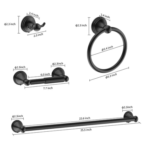 Matte Black Bathroom Accessories Set Kit With 2 24 Inch Towel Bars, towel ring, toilet paper holder, hook dimensions