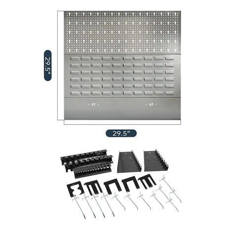 Heavy Duty Garage Storage Cabinet System With Solid Wood Workbench And Wall Mounted Pegboard Hooks For No Sweat Workshop Organization And Knockout Tool Storage Setup, 29.5-inch gray pegboard with hooks and accessories.