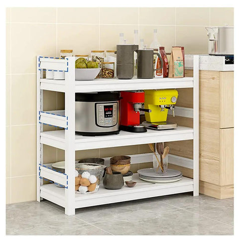Rock Solid Three Tier Steel Shelving Unit With Fully Adjustable Boltless Racks For Garage Pantry Kitchen Organization White Heavy Duty Storage Rack Simple Setup holding kitchen appliances and dishware.