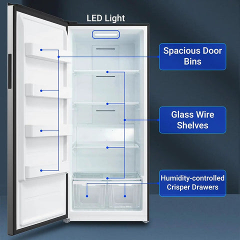 Heavy Duty 21 Cu Ft Upright Freezer, No Fuss Frost Free System, Sleek Led Touch Panel And Stainless Steel Build, Roomy Enough For Grocery Runs, Straight Up Garage Ready Powerhouse, interior layout with door bins and shelves.