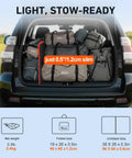 Car trunk packed with camping gear, highlighting 100W Portable Foldable Solar Panel dimensions as 19x26x0.5 inches for easy storage.