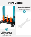 Thickened base of adjustable width wheel truing stand for bikes with 360 degree swivel and dual adjustment, shown with wrench
