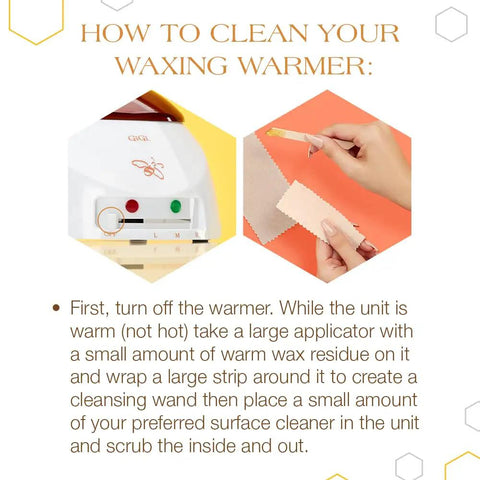 Image showing cleaning instructions for All Purpose Wax Warmer For 14 Oz Wax Cans With Adjustable Temperature Control Melts Hard Wax Soft Wax Beads And Pellets At Home Like A Boss Spa Grade Convenience And Quick Setup with text and equipment.