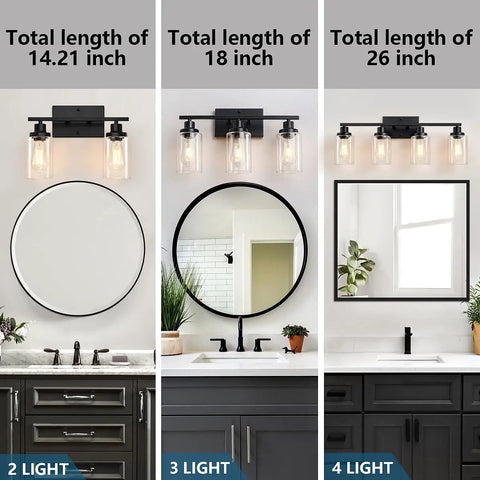 3 Light Black Vanity Light Fixture With Clear Glass Shades For Bathroom Mirror shown in 18 inch length above round mirror