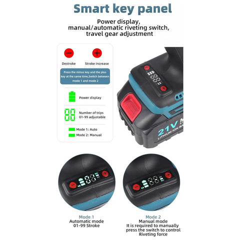 Close-up of the smart key panel on the No Fuss Heavy Duty Cordless Rivet Nut Gun With Slick Lock Head And Bright LED, showing power display and mode options.