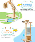 5 In 1 STEM Kit For Kids Ages 8 12 13 Hands On Wooden Building Toys With 3D Puzzles Circuit Experiments Elevator Telegraph Newton Cradle Hydraulic Excavator Sun Earth Moon Model Awesome Gift For Boys And Girls showing hydraulic excavator and mini elevator models