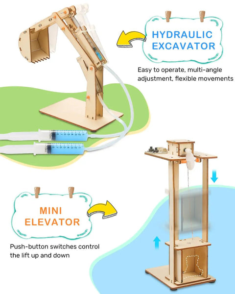5 In 1 STEM Kit For Kids Ages 8 12 13 Hands On Wooden Building Toys With 3D Puzzles Circuit Experiments Elevator Telegraph Newton Cradle Hydraulic Excavator Sun Earth Moon Model Awesome Gift For Boys And Girls showing hydraulic excavator and mini elevator models