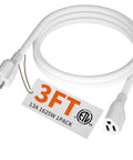 Outdoor 3 Foot Extension Cord 16 Gauge Heavy Duty Electric Cable, ETL Listed, Multipurpose For Tools, String Lights, And Small Appliances, Weather Ready 125V 13A Safe Power Reach. White 3 ft cord with grounded plug and ETL tag