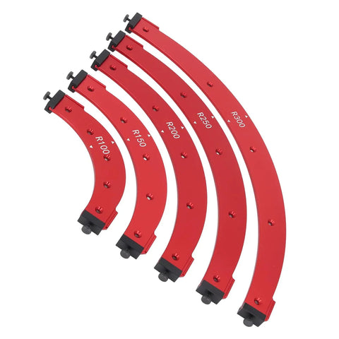 Heavy Duty Dead On Precision Aluminum Alloy Corner Jig Template Set For Woodworking Router Projects Sharp Internal And External Edge Trimming Guide R100 to R300 Sizes showing various curve templates.