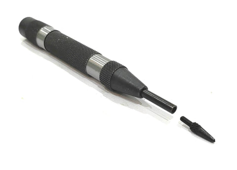 Heavy Duty Automatic Center Punch With Replaceable Hardened Steel Tip and black knurled handle for precision marking tools.