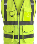 Straight Up Durable High Visibility Reflective Safety Vest With Nine Roomy Pouches Meets Ansi Isea Class 2 Standards For Night Shifts And Construction Jobs Comes In Flawless Neon Yellow Large featuring nine pockets and reflective bands.