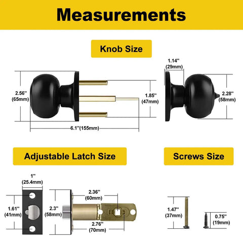 Matte Black Entry Door Knobs 4 Pack With Keyed Different Locks, size and measurements guide