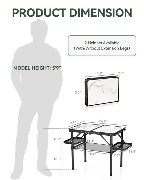 Diagram of compact foldable camping table two foot for picnic portable beach table with dimensions and two height options.