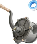 Rotary Hand Oil Transfer Pump For Gas Caddies And Drums Aluminum 10 To 55 Gallon Fuel Pump With 1.25 Inch Outlet Two Way Siphon And Dispense For Gas Diesel And Light To Medium Viscosity Oils, angled view with tape