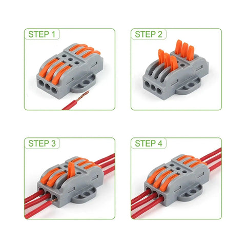 Installation steps for Easy Install Wire Connector Kit No Fuss Tool Free Quick Wire Cable Connectors with Fix Hole.
