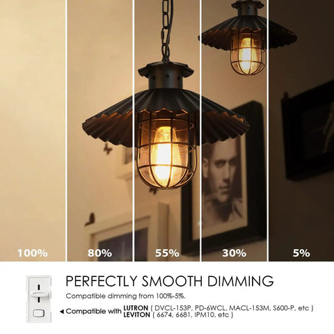 Pendant light with Six Pack Vintage Edison LED Bulbs ST64 Dimmable 11W 1100 Lumens 2700K Warm White E26 illuminating room at various levels