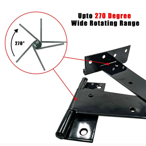 Heavy Duty T Door Hinges With Reinforced Shafts And Screws Included, showcasing 270° rotation and black zinc finish.