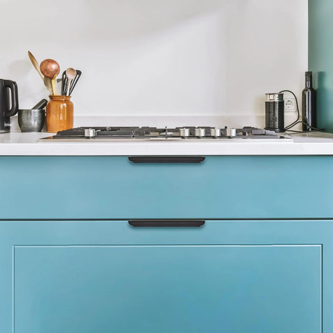 10 Pack Black Finger Edge Pulls For Cabinets And Drawers, 5.9 Inch Length 150mm With 5 Inch Hole Center 128mm on blue kitchen drawers
